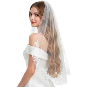 White Wedding Bridal Veil with Comb, 1 Tier Floral Edge Bridal Tulle Veil Lace Wedding Veils