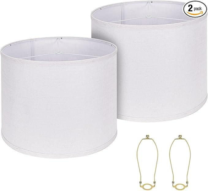 Drum Lamp Shades Set of 2, White Large Lampshades 12" Top X 14" Bottom X 11" Height, ALUCSET Large Lampshades Spider Fitter, Natural Linen Lamp Shade, Easy Assembly Required with 2 Lampshade Holders