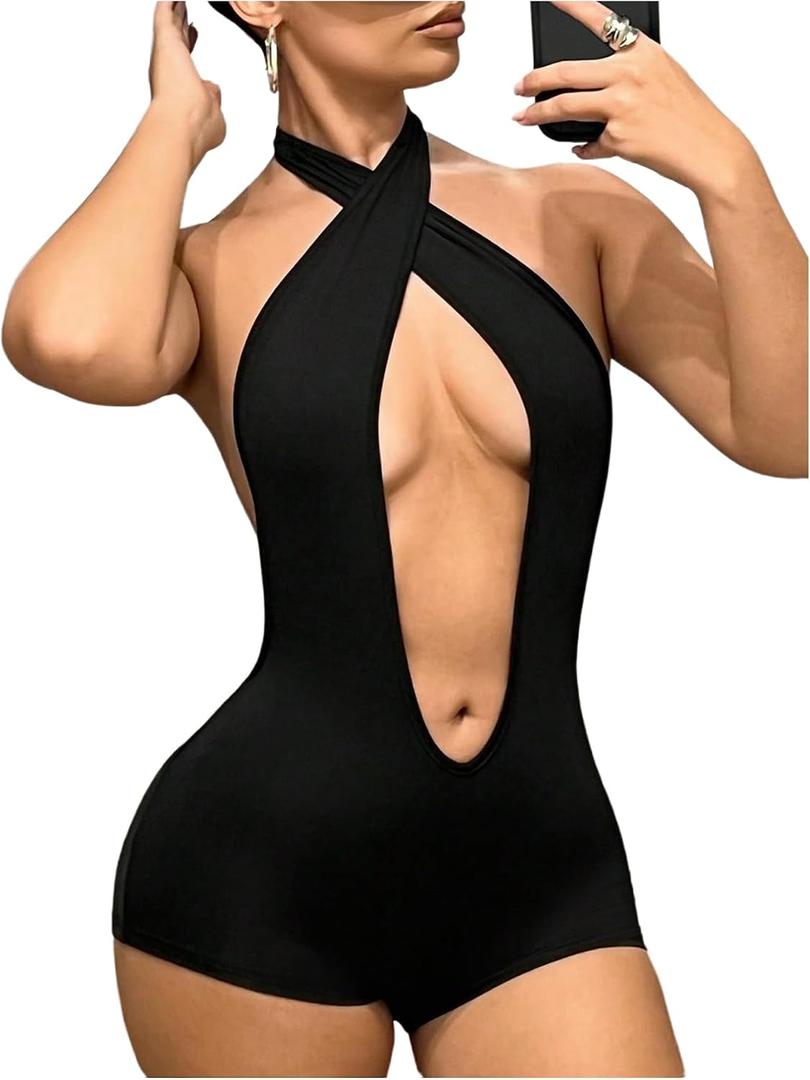 BEAUDRM Women's Cut Out Criss Cross Backless Romper Slim Fittted Halter Shorts Jumpsuit Party Club Night Outfit Black, Large