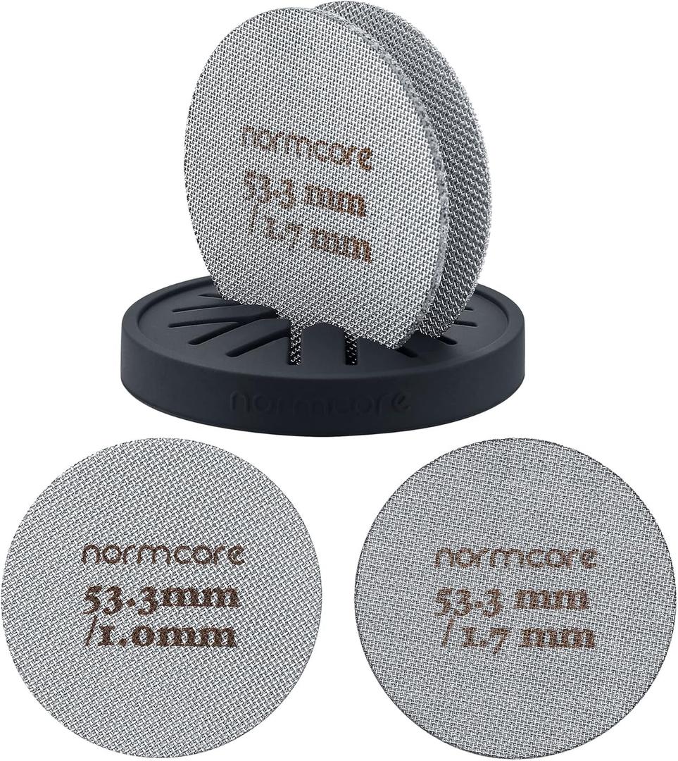 Normcore 2 Packs 53.3mm Puck Screen with Stand - Reusable Contact Shower Screen with Silicone Holder - 1.7mm / 1.0mm Thickness 150m Mesh - Compatible with Espresso Machine 54mm Portafilter Basket