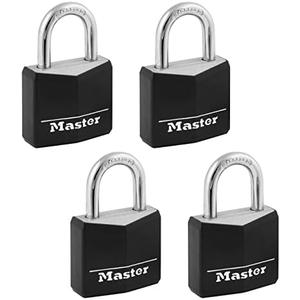 Master Lock Black Outdoor Key Lock, Standard Weather Resistant Padlock with Cover, Keyed Alike Padlocks for Lockers, Fences, Sheds, or Other Equipment, 4 Pack, 131Q