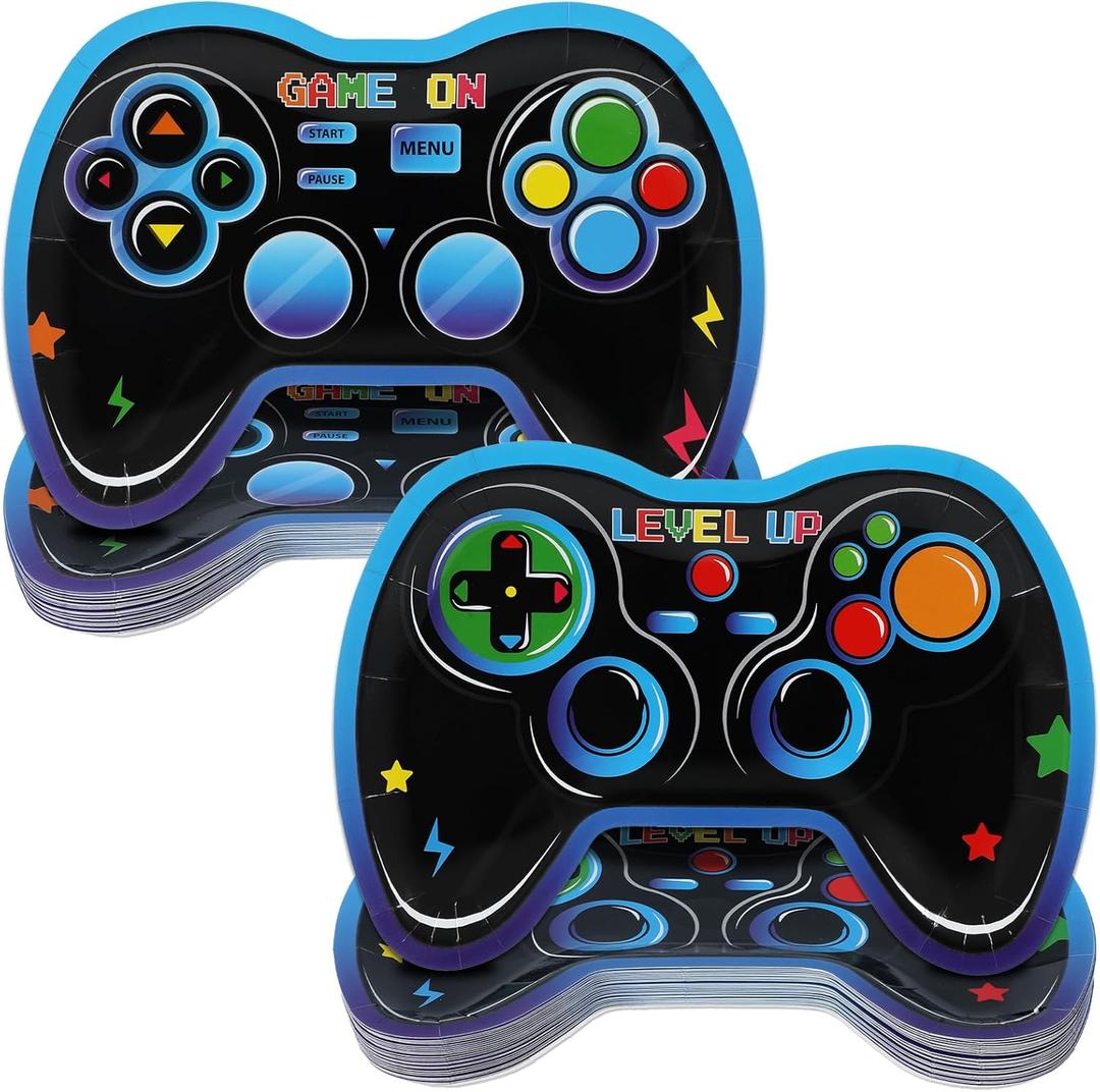 48Pcs Video Game Party Supplies Paper Plates Gaming Birthday Decorations Gamepad Shaped Disposable Plates Game On Controllers Party Tableware Dinnerware Video Gamer Theme Dessert Plate for Boys Kids (Blue)