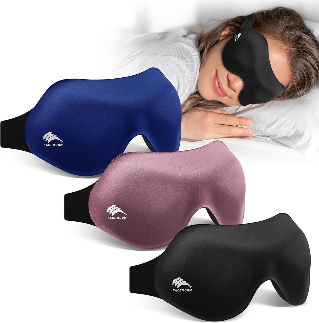 Sleep Masks for Women Men 3 Pack: Zero Eye Pressure Airplane Travel Essentials - 100% Blackout Eye Masks for Sleeping - Side Sleep Comfort Cover for Lash Extensions (Black&blue&lotus Pink)