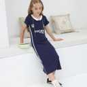 Girl's T Shirt Long Dress, Maxi Cotton T-Shirt Dress for Children Casual V Neck Short Sleeve Letter Print 4-13 Years (Blue)