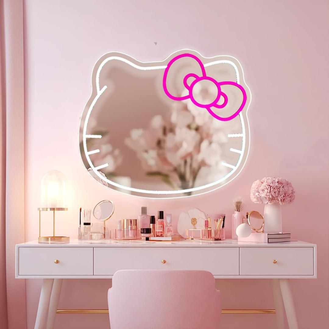 FATMOON Anime Hello Kit Mirror Vanity Neon Sign, Cute Cat with Lights Stuff Room Decor, Dimmable Makeup Mirror for Teen Girl Gift Bedroom Room Decor 15.53 x 13.19 inch