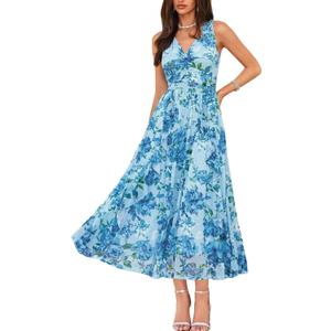 GRACE KARIN Women's Summer Sleeveless Floral Maxi Dress V Neck Formal Wedding Guest Dress A Line Beach Vacation Clothes (M)