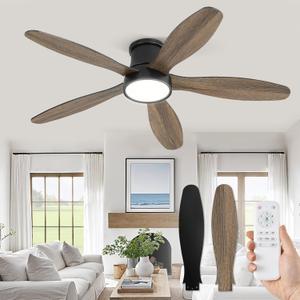 52 Inch Ceiling Fans with Lights, Flush Mount Low Profile Ceiling Fan with Remote, Reversible, 3CCT, Noiseless, LED Ceiling Fan Lighting Fixture for Bedroom, Kitchen, Indoor-Black