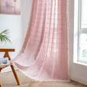 2 Panel Cotton Linen Boho Curtains 96 Inches Long for Living Room Bedroom, Kitchen, Plaids Lattice Embroidered Semi Blackout Bohemian Farmhouse Window Treatment Grids Drape Tassels, Pink