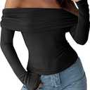 ANRABESS Long Sleeve Shirt for Women 2025 Fall Off Shoulder Slim Fit Tee Top Sexy Going Out Ruched Blouses Y2K Trendy Clothes, M