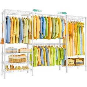 SEMHOR E06 Expandable Heavy Duty Clothes Rack for Reach-in Closet, Freestanding Clothing Racks with Shelves, Carbon Steel Closet Organizer System Adjustable from 70.8-93.9", Max Load 800LBS, White