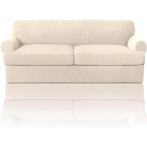 PrinceDeco T Cushion Sofa Slipcover 3 Pieces Sofa Covers for T Cushion Couch Soft Couch Covers Sofa Slip Cover Furniture Covers with 2 Individual T Shape Seat Covers Width Up to 90", Natural