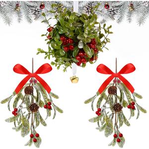 Daifunli 3 Pcs Christmas Mistletoe Hanging Decor Set 1 Artificial Kissing Ball with Bell 2 Mistletoe Ornaments Red Bow Berries Pine Cone Xmas Artificial Hanging Decor for Doors Wall Doorway Fireplaces