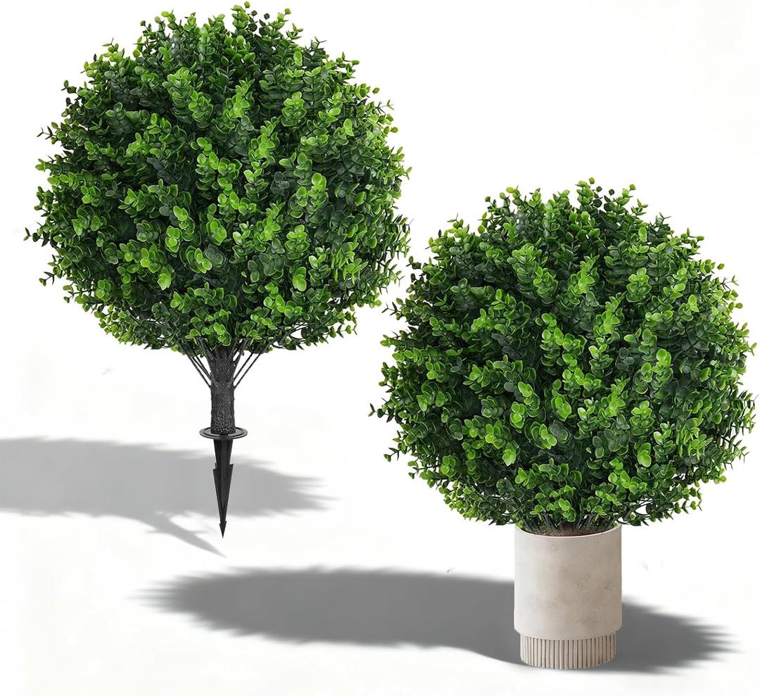 2 Pack 25" Artificial Eucalyptus Topiary Ball Tree for Outdoors Faux Evergreen Shrubs Plants with Ground Spike UV Resistant Fake Bushes Ball Trees for Outdoor Indoor Home Porch Patio Decoration