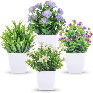 Der Rose 4 Pack Small Fake Plants Mini Artificial Faux Plants Indoor with Flowers Spring Decorations for Home Room Farmhouse Desk House Bathroom Decor