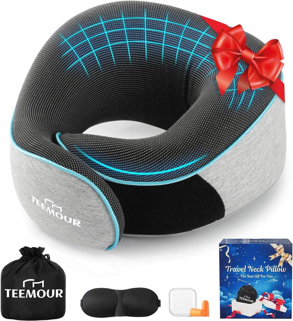 Travel Pillow-Neck Pillows for Airplanes, Memory Foam Travel Neck Pillow for Long Flights|Airport Travel Essentials 360 Support Gifts for Travellers With Eye Mask & Earplugs, Portable Carry Bag (Light Grey (Medium Size))