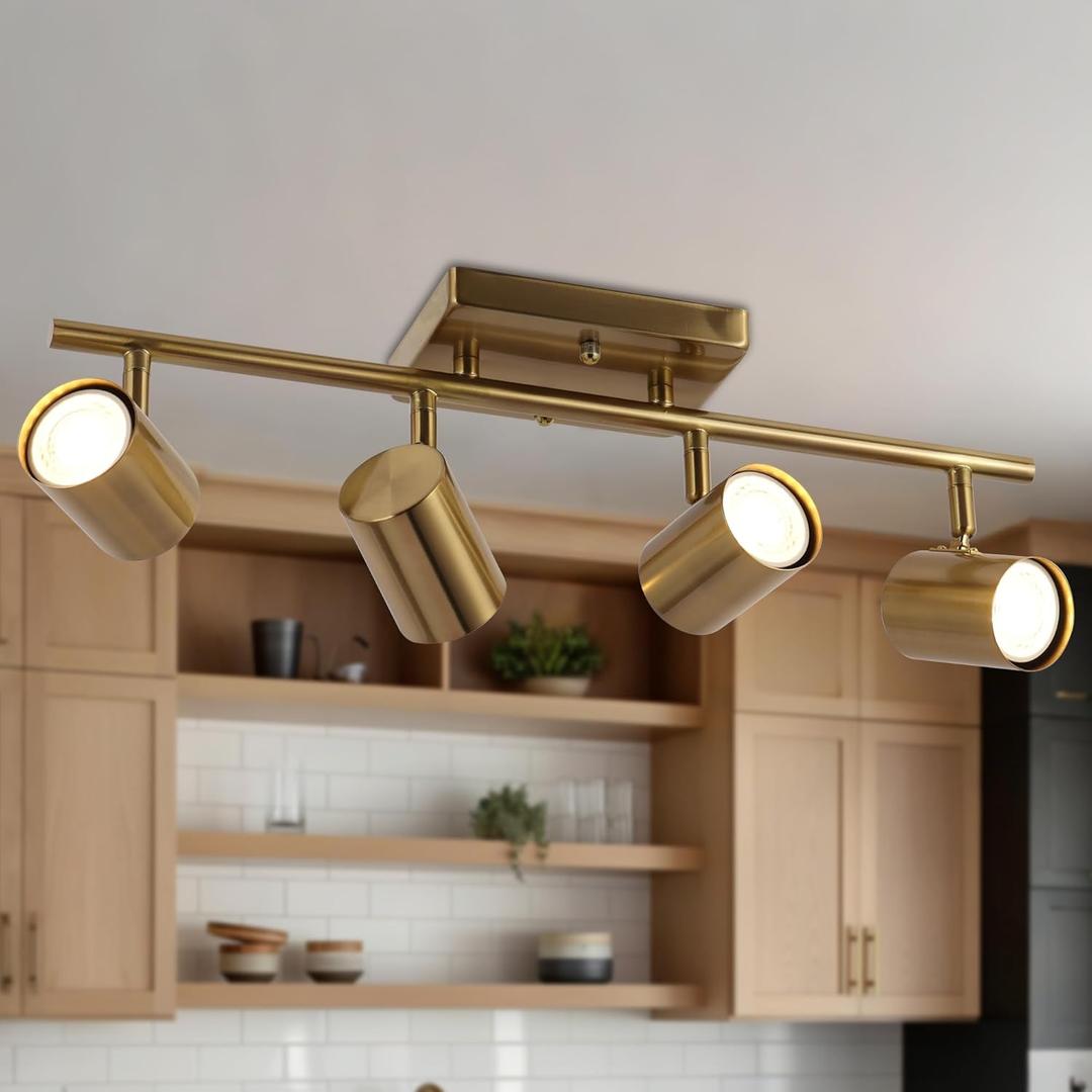 Gold 4 Light LED Track Lighting Kit, Modern Brass Ceiling Spotlight Fixture, Adjustable Kitchen Track Light with Flexibly 350Rotatable Heads
