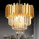 3-Tier 15.8" Crystal Gold Chandelier Modern Crystal Pendant Chandeliers 5 Lights Round Hanging Lighting for Dinning Room Kitchen Island Bedroom Living Room Foyer Entryway, E12, Diameter 15"