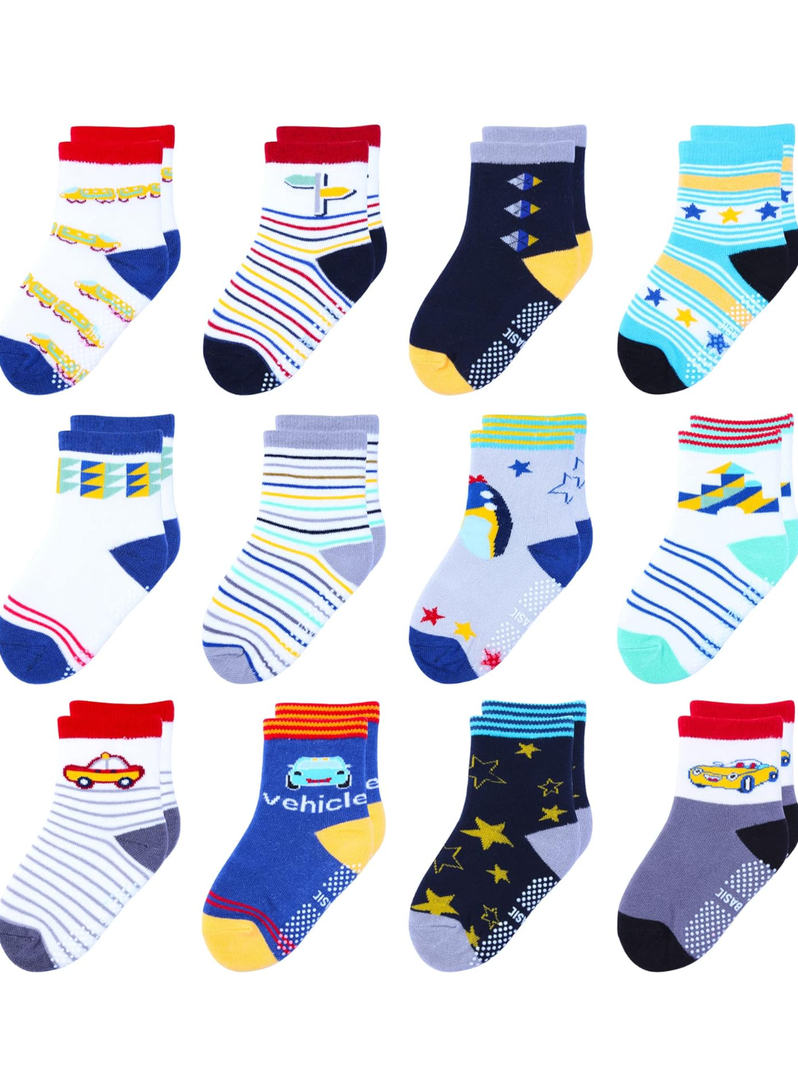 12 Pack Non Slip Kids Toddler Baby Socks with Grips for 1-7 Years Boys Girls Cotton Crew Socks Multi Colors