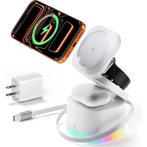 5 in 1 Wireless Charger, Foldable Wireless Charging Station with Night Light for Apple Magnetic Charger, Retractable Cable Fast Charger Stand for iPhone 17/16/15/14/13/12, Apple Watch, AirPods Pro 3 (White)