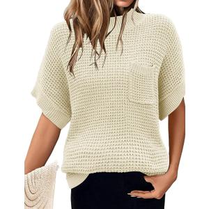 Women 2024 Sweater Vest Mock Neck Batwing Short Sleeve Oversized Ribbed Knit Tops Fall Pullover Sweater White M