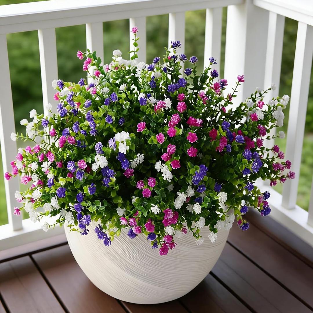 Artificial Flowers Outdoor Fake Plants with Eucalyptus Leaves- 12 Bundles UV Resistant Faux Plastic Greenery for Home, Garden, Porch, and Patio Decoration(Mgenta,Purple,White)