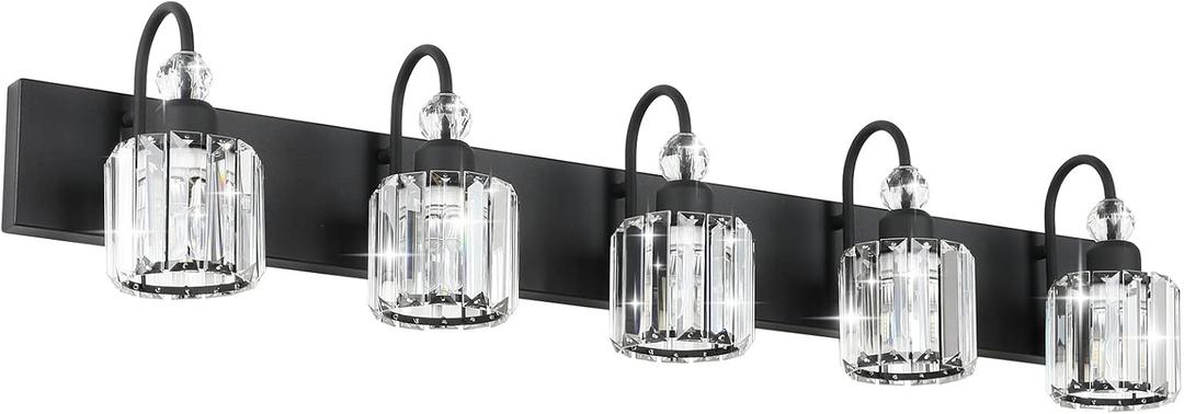 Ralbay Modern Crystal Black 5-Light Bathroom Vanity Light, Matte Black Crystal Bath Wall Light Fixtures