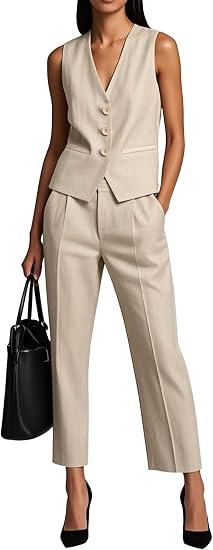 Womens Two Piece Linen Vest and Pants Set Outfits for Office Women's Dressy Vest Pant Suit, M