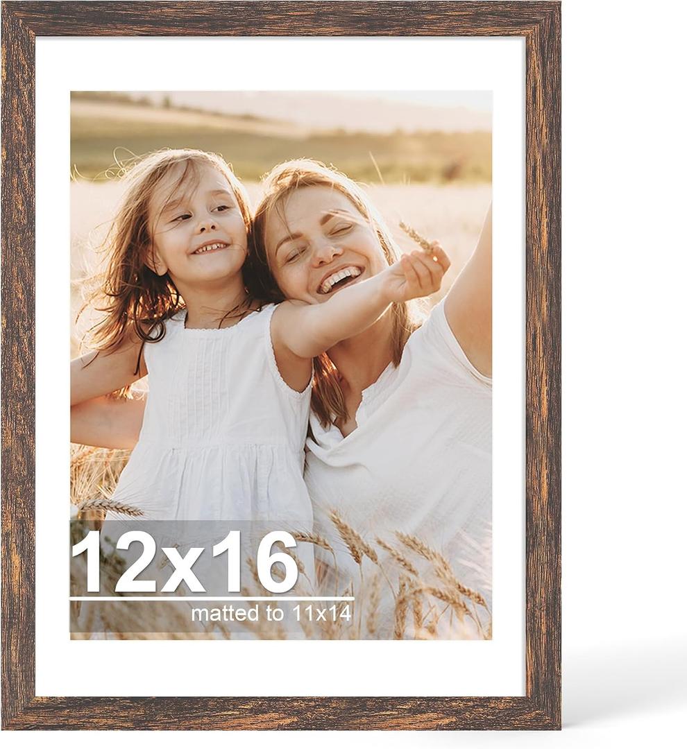 Hongkee 12x16 Picture Frame with Glass, Display Picture 11x14 with Mat or 12x16 Without Mat, 11 by 14 Photo Wooden Frames for Wall Mounting (Rustic Brown, 1 Pack)