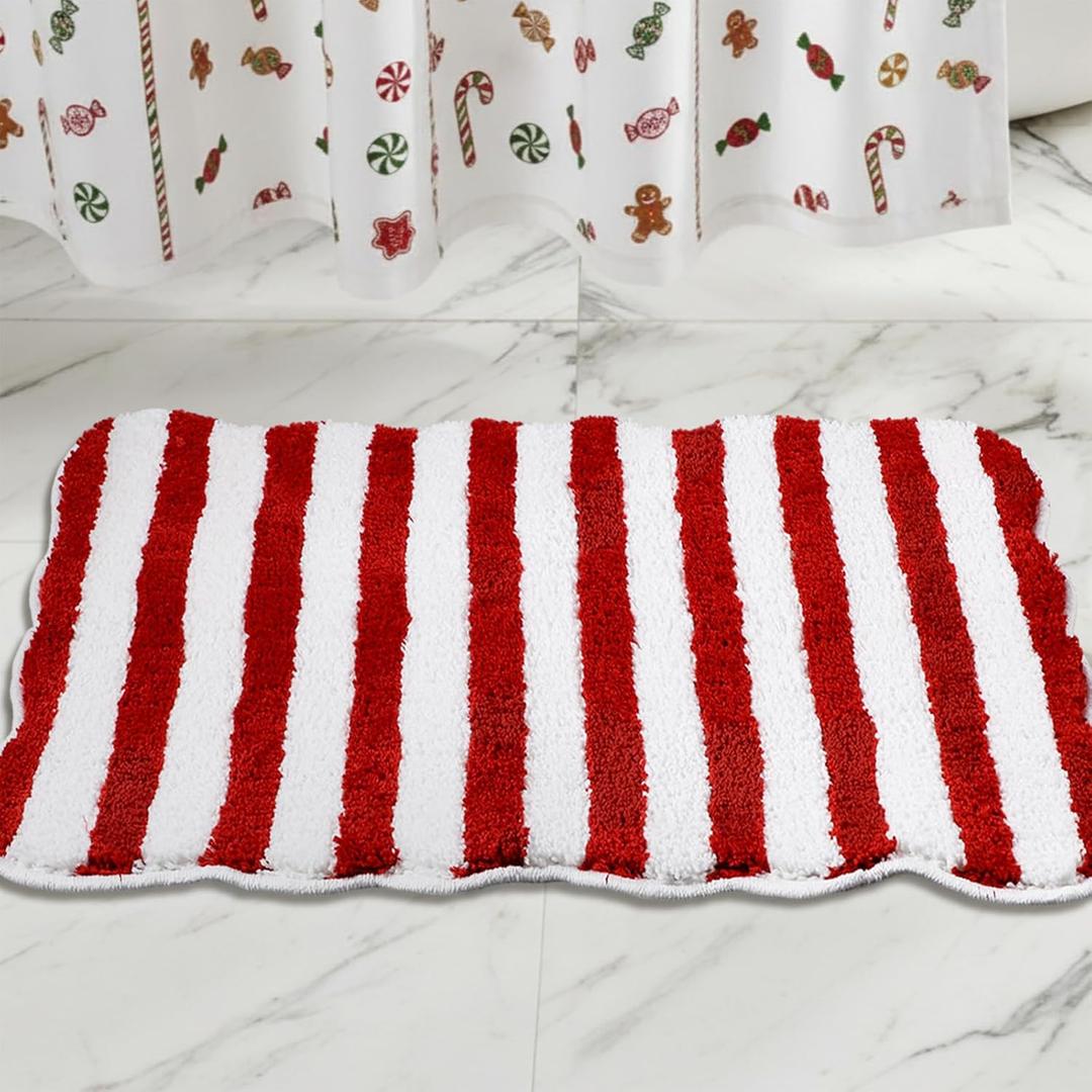 WILLBOND Red White Striped Christmas Bathroom Rugs Peppermint Swirl Bath Rug 32 x 20 Inch Non Slip Flocking Candy Xmas Bathroom Decor Soft Washable Shower Floor Mat for Tub Bedroom Holiday Home Decor (Classic)