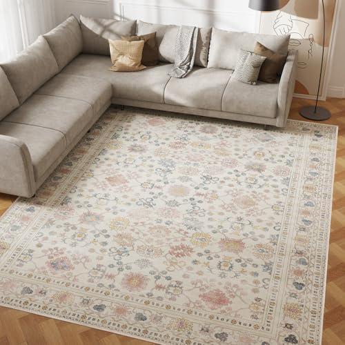8x10 Washable Area Rug, Low Pile Faux Wool Carpet for Living Room, Bedroom, Dining Room, Vintage Flower Design, Non-Shedding Low-Pile Rug in Beige for High-Traffic Areas with Non-Slip Rubber Back