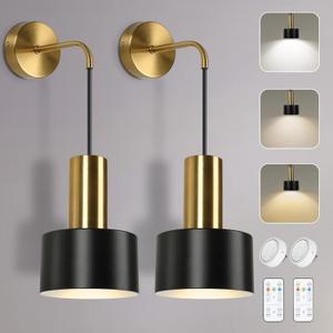 Set of 2 Battery Operated Wall Sconces, Wireless Wall Lights with Remote, Black & Gold Dimmable Wall Lamps with 3000K/4000K/6000K LED Bulbs, Modern Sconces Wall Decor for Bedroom Living Room Hallway