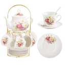 Only 19-Pieces Porcelain Tea Sets For Women, Tea Set For Adult with Golden Metal Rack,Tea Gift Sets for Home&Party(012)