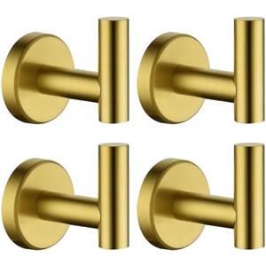 JQK Bathroom Towel Hook Brushed Gold, Brass Coat Robe Clothes Hook for Bathroom Kitchen Garage Wall Mounted (Pack of 4), SUS 304 Stainless Steel 0.8mm, TH100-BG-P4