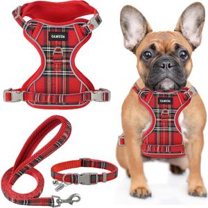 GAMUDA Dog Harness Collar and Leash Set, Dog Harness, No Chock No Pull Adjustable Vest Harnesses Plaid Reflective for Medium Dog, Cat, Small Horse, Small Bull and Pig (Red, S)