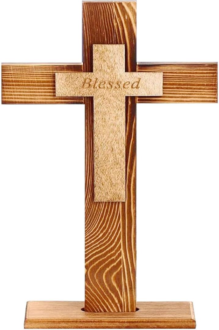 2 x Chasinglee Wood Standing Cross,Christians Spiritual Religious Jesus Cross Wall Art,Handmade Nature Wooden Blessed,Tabletop for Church Home Decor Wood Crucifix