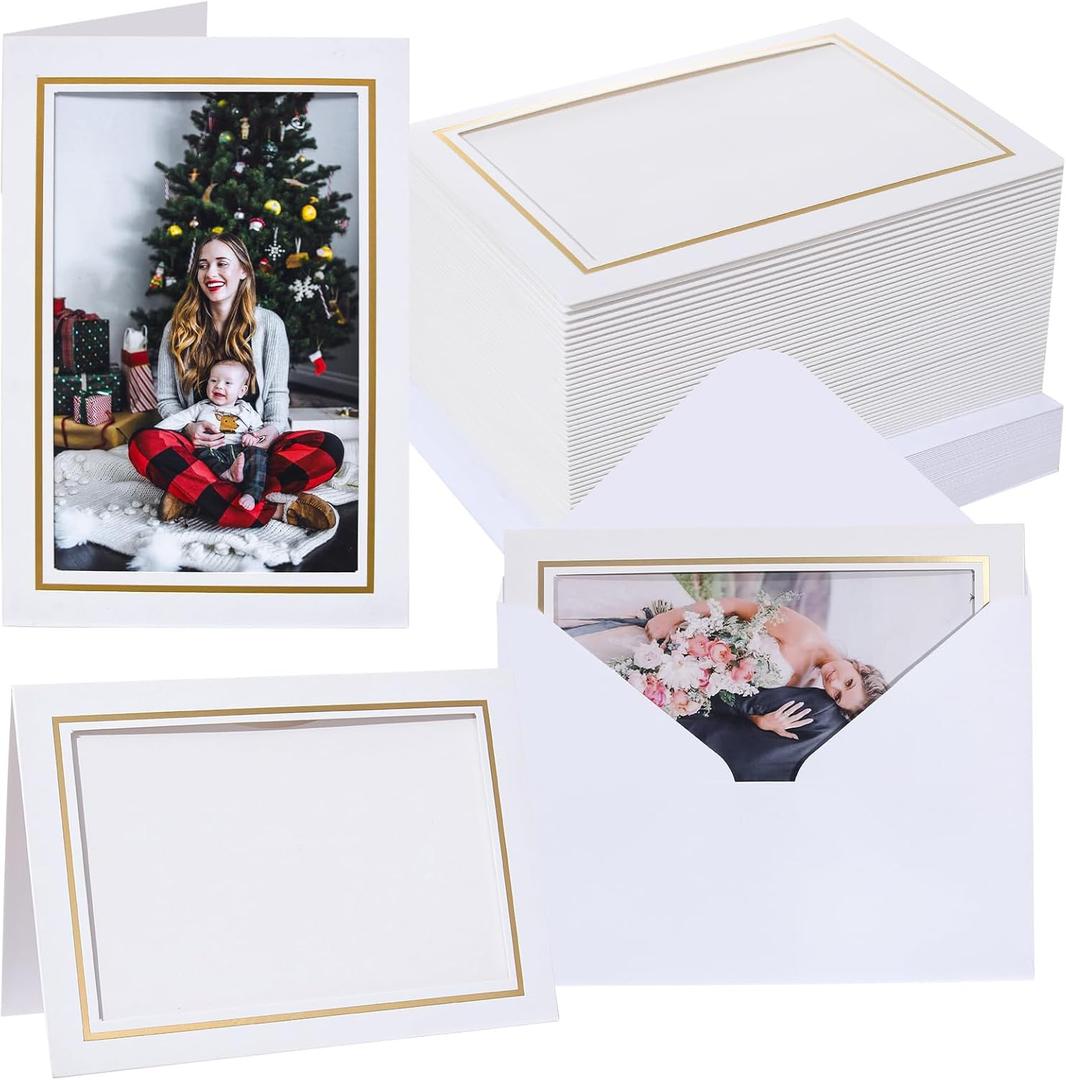 50 Count Photo Frame Cards with Envelopes 4x6 Paper Picture Frame Notecards Photo Card Holder for Christmas Greeting New Year Birthday Wedding Classroom DIY Craft - White with Gold Lining