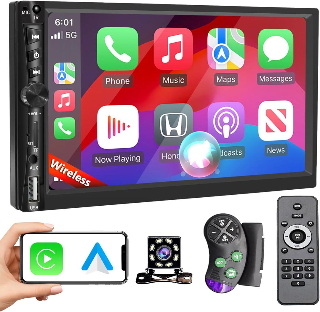 Upgrade Wireless 7 inch Double Din Car Stereo Apple Carplay & Android Auto, Bluetooth 5.0 car Stereo with 8-LED Waterproof Backup Camera, IPS Touchscreen, TF Card Slot, USB, AUX