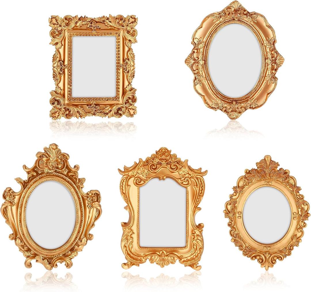 5 Pcs Mini Frames, Small Flower Oval Rectangle Vintage Gold Frames, Table Top Small Gold Frame for Home, Christmas, Holiday, Party Decor