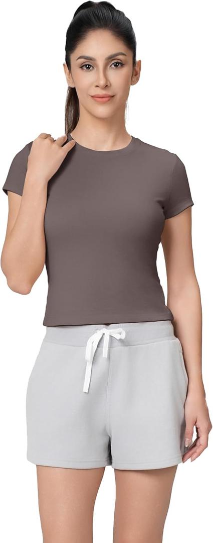 SPRUCE INT Crop Top for Women - Soft Stretchy Modal Baby Tee Wrinkle Free Fitted Summer Short Sleeve Tshirt for Workout (Brown, XS)