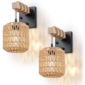 Rattan Boho Wall Sconces Set of Two, Hardwired Hand-Woven Farmhouse Wall Lamps with Wooden Arm & On/Off Dimmable Switch,Large Rustic Indoor Wall Mount Light Fixtures for Bedroom Nursery Bathroom (2 Pack)