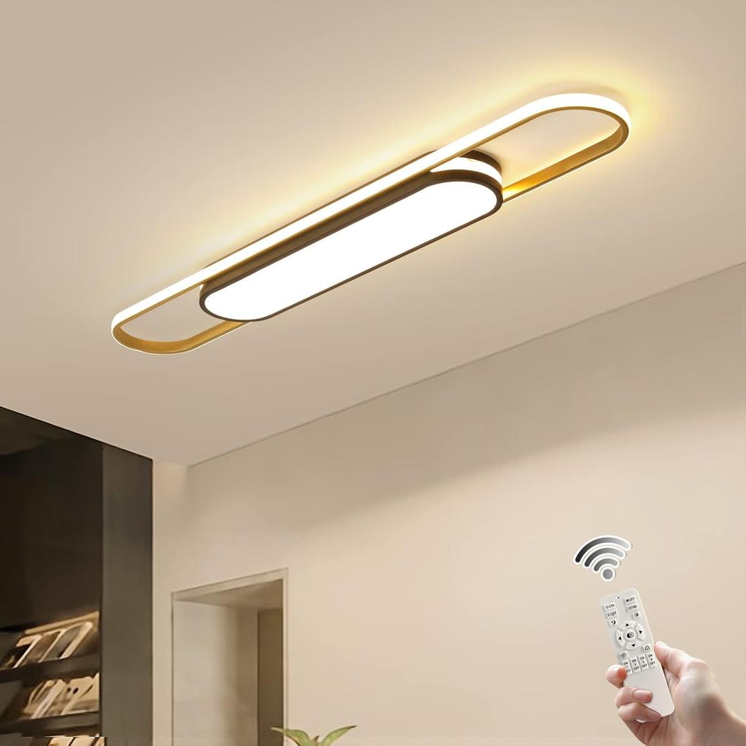 Qcyuui Linear Ceiling Light Modern LED Ceiling Lamp Dimmable Acrylic Ceiling Lighting Fixture with Remote Control for Kitchen Dining Room Cloakroom Hallway(48W/43.3in L) (Black and Gold)