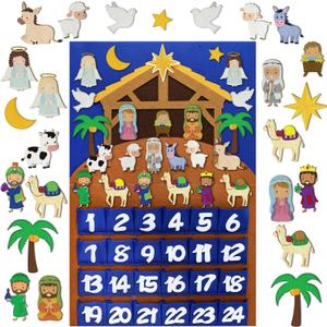 Nativity Advent Calendar 2 Ft Felt Religious Christmas Advent Calendar for Kids Jesus Christian Nativity Scene Countdown to Christmas with 24 Pockets Wall Decor Gifts for Toddlers Home Party