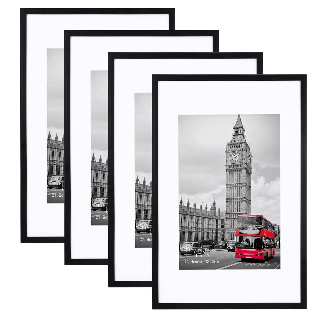11x17 Picture Frame Pack of 4, Matted 11x17 Frames for 8x12 Pictures with Mats, 11 x 17 Poster without Mat for Wall Hanging Display, Black
