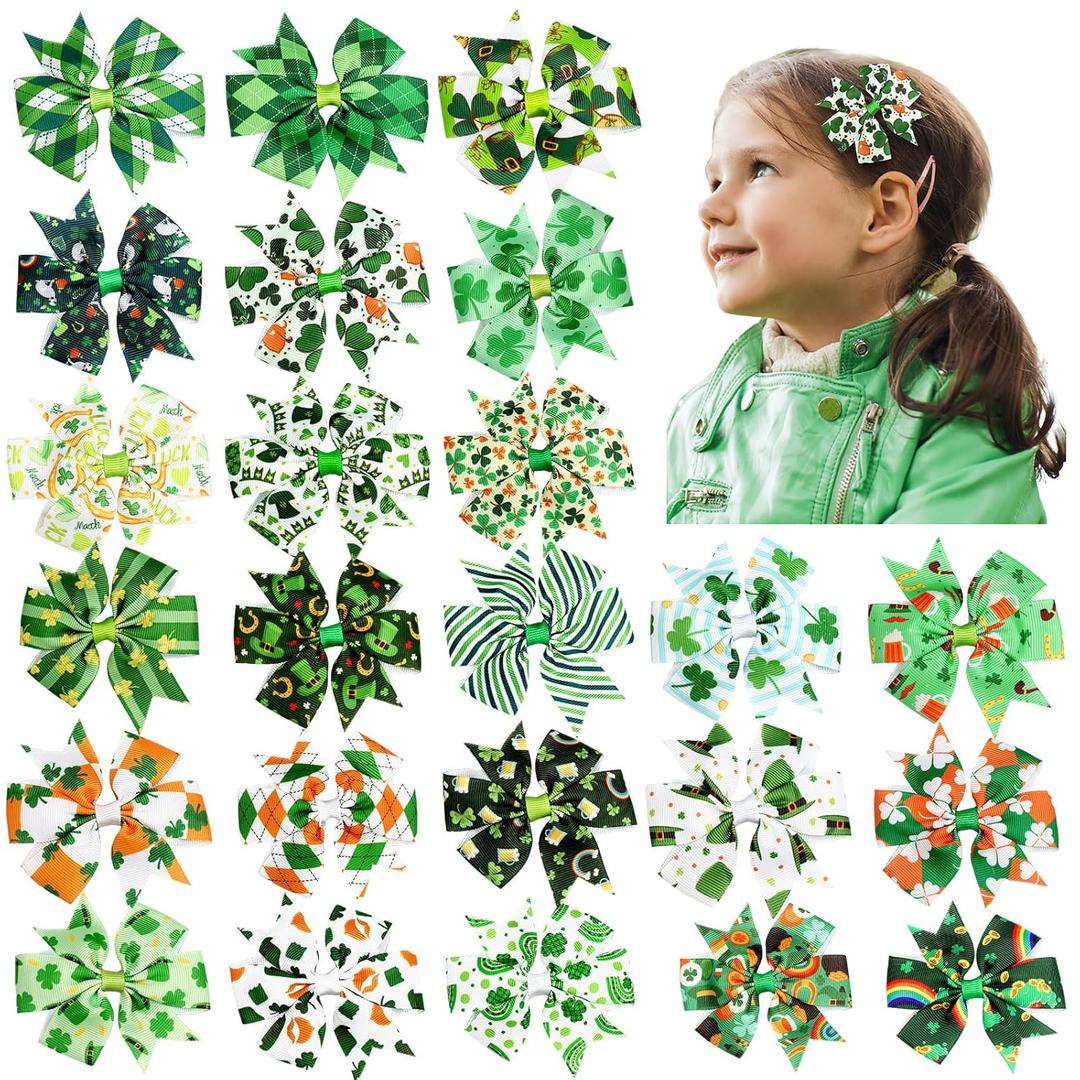 24 Pcs St. Patrick's Day Hair Bows Clips Shamrock Alligator Bow Hair Accessories Green White Clover Boutique Hair Clips Lucky Irish Party Bowknot Tree Hairpins Barrette for Girls