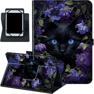 Rossy Universal 10.0 Tablet Case, Universal Case for 9.6-10.5 Inch Android Tablet, Slim PU Leather Stand Folio Shell Cover with 360 Degree Rotatable Kickstand Multiple Viewing,Black Cat Flower
