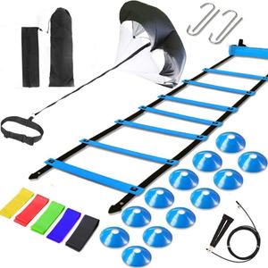 Agility Ladder Speed Training Equipment Set, Includes 12 Rung Agility Ladder,Running Parachute,Jump Rope,Resistance Bands,12 Resistance Cones for Football,Basketball,Hockey Training Athletes