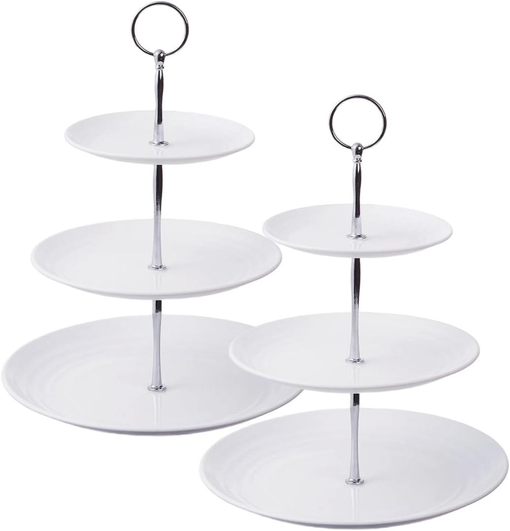2 Pack Plastic Small Dessert Cupcake Stand, 3 Tier Cup Cake Holder Tower for Tea Party/Birthday/Wedding, Plastic Tiered Serving Tray (Silver Metal Rod)