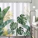 Bonhause Tropical Leaves Shower Curtain, Green Gold Monstera Palm Banana Leaf Plant Bathroom Curtain 72x72 Inch Polyester Fabric Waterproof Bath Curtain with 12 Hooks