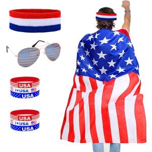 American Flag Costume Cape,Retro 80's Patriotic Flag Outfits Sunglasses Headband Bracelets for 4th of July Independence Day Memorial Day Celebration Party Accessories for Men Women