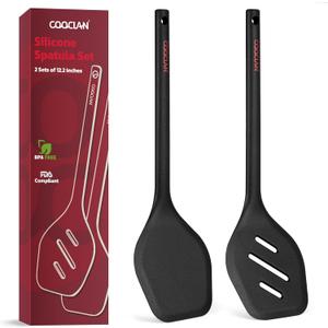Pack of 2 Silicone Spatula Set, Durable One-Piece Design Heat Resistant BPA-Free Silicone Kitchen Spatulas for Non-Stick Pans, Solid & Slotted Spatula Turner Ideal for Flipping, Frying, Black